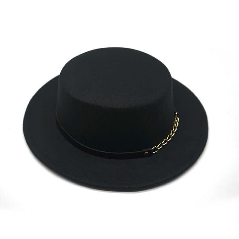 Men's And Women's Retro British Style Chain Solid Color Flat Top Hat