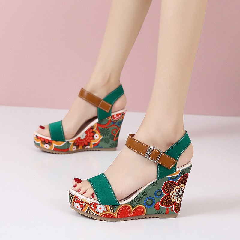 Fashion Flowers Embroidered High Wedge Sandals For Women Summer Toe Platform Buckle Shoes